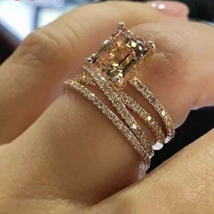 Emerald Cut Topaz 14k Rose Gold Filled Ring Set